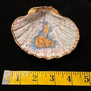 Hand crafted, decopauged, scallop shell dish- jewelry/coins. Nautical chart